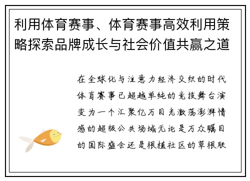 利用体育赛事、体育赛事高效利用策略探索品牌成长与社会价值共赢之道
